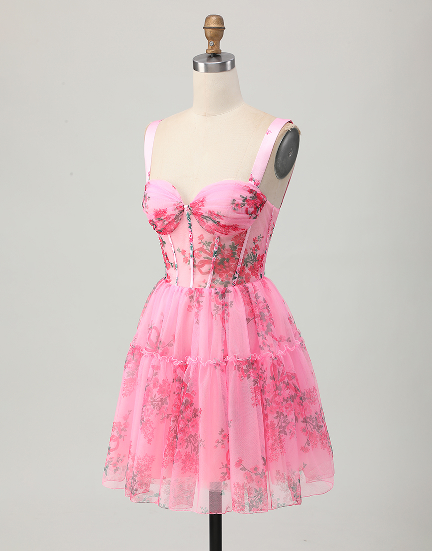 Pink Floral A Line Short Corset Homecoming Dress with Ruffles