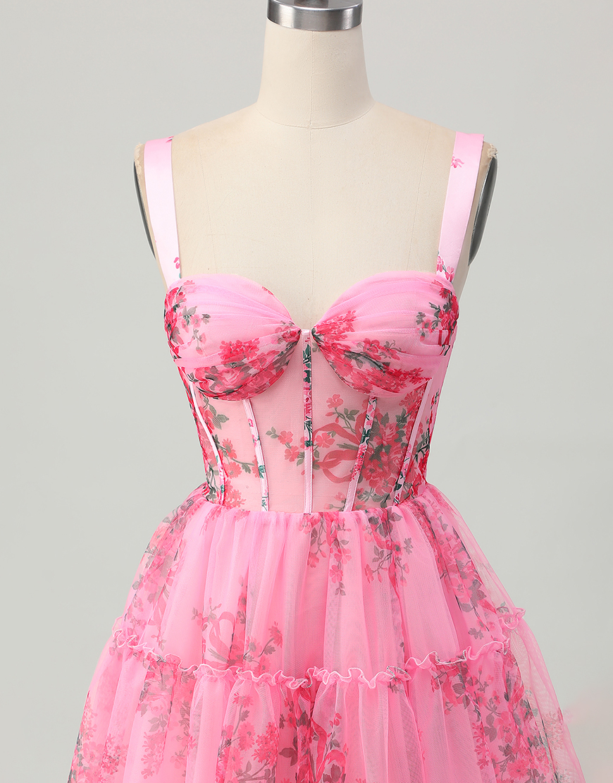 Pink Floral A Line Short Corset Homecoming Dress with Ruffles