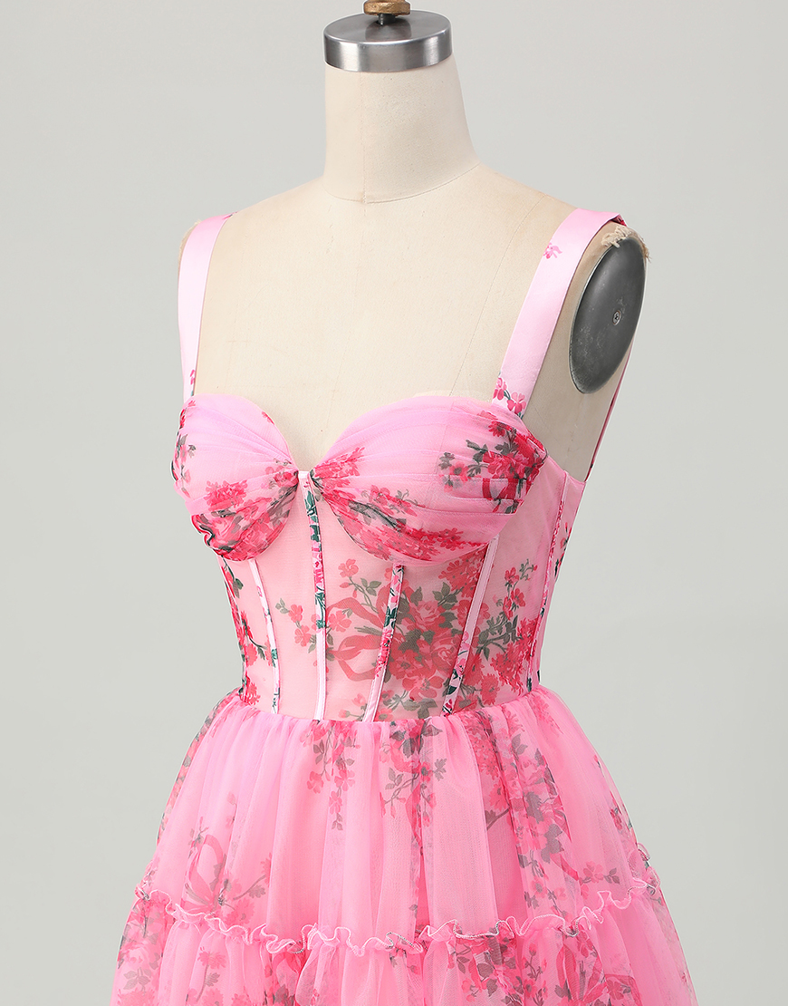 Pink Floral A Line Short Corset Homecoming Dress with Ruffles