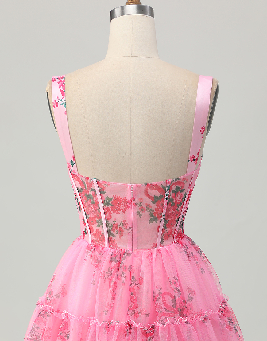 Pink Floral A Line Short Corset Homecoming Dress with Ruffles