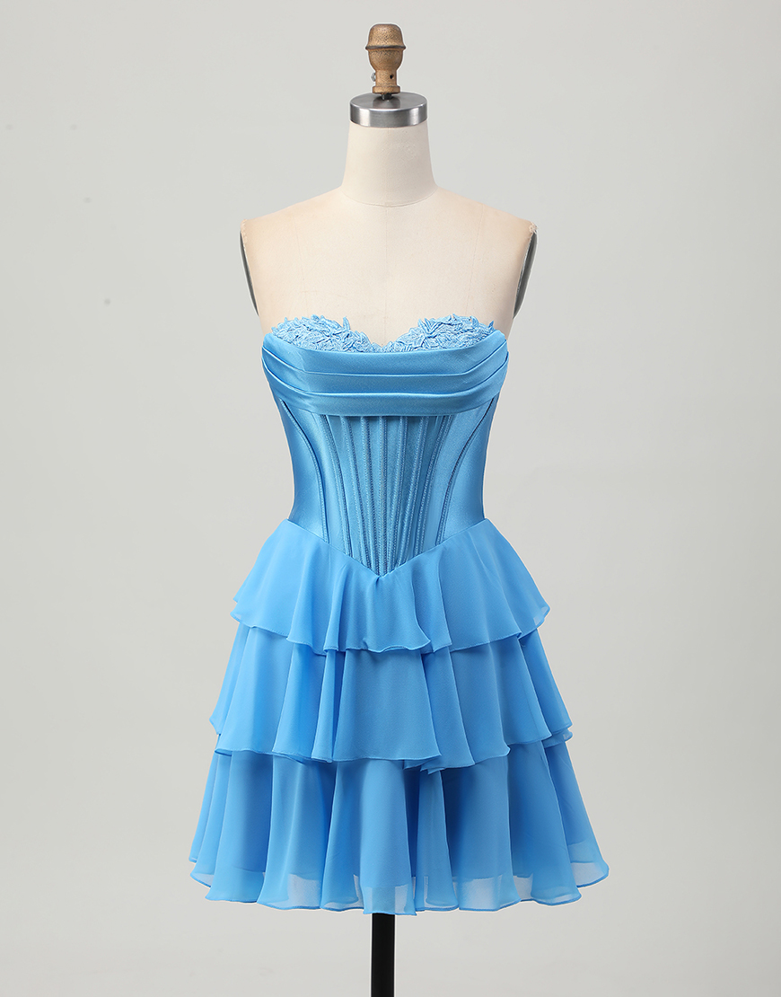Blue Ruffled Sweetheart Short Corset Homecoming Dress with Lace