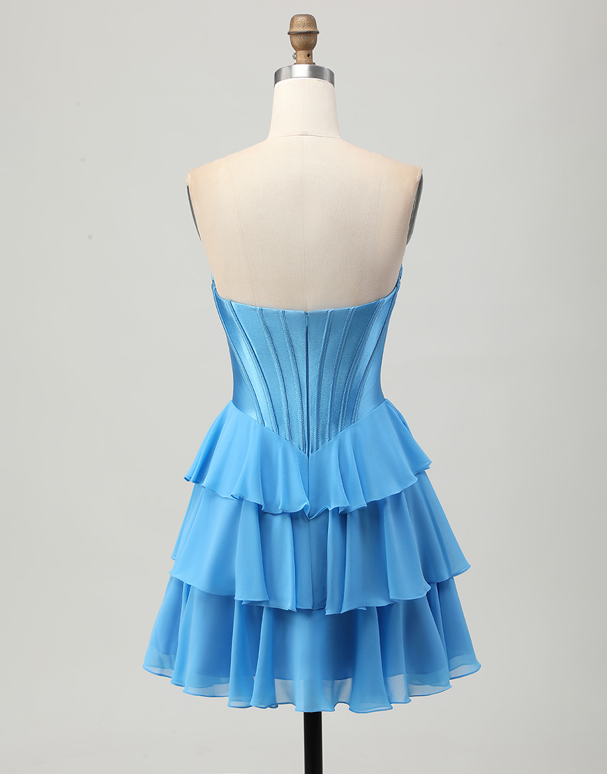 Blue Ruffled Sweetheart Short Corset Homecoming Dress with Lace