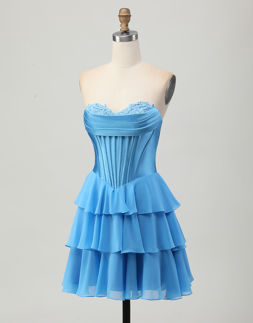 Blue Ruffled Sweetheart Short Corset Homecoming Dress with Lace