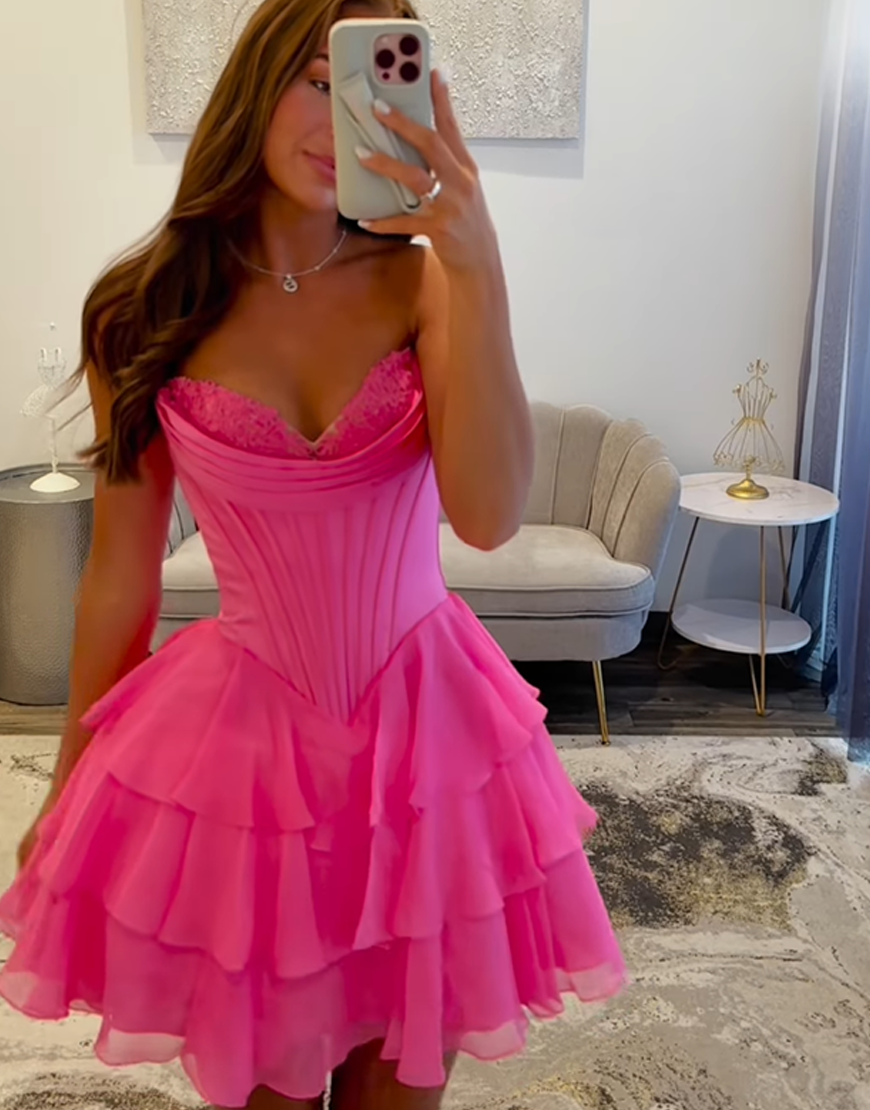 Fuchsia A Line Short Corset Homecoming Dress with Ruffles