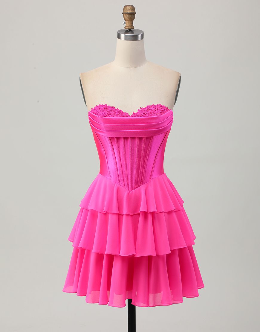 Fuchsia A Line Sweetheart Short Corset Homecoming Dress with Ruffles