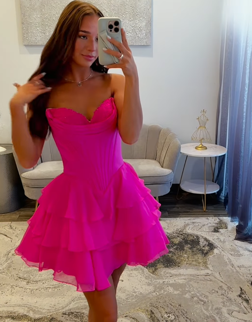 Fuchsia A Line Short Corset Homecoming Dress with Ruffles