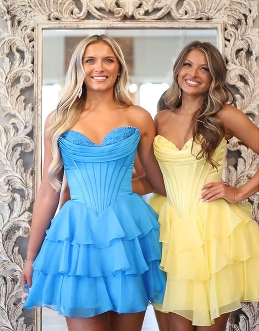 Blush A Line Short Corset Homecoming Dress with Ruffles