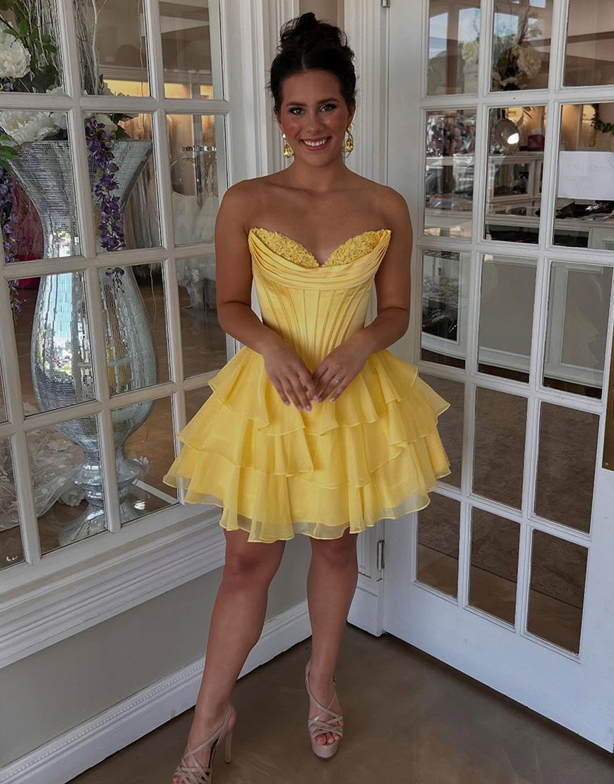 Yellow A Line Short Corset Homecoming Dress with Ruffles