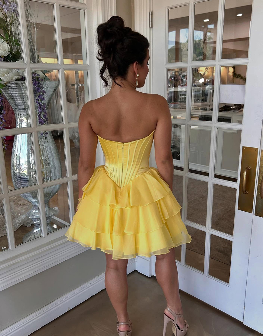 Yellow A Line Short Corset Homecoming Dress with Ruffles