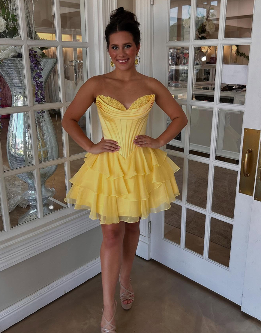 Yellow A Line Short Corset Homecoming Dress with Ruffles