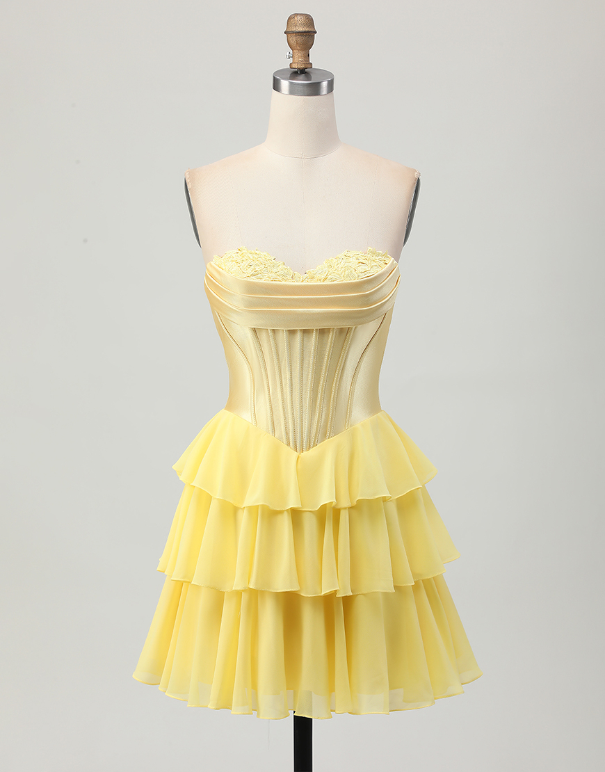 Yellow Sweetheart Short Corset Homecoming Dress with Lace