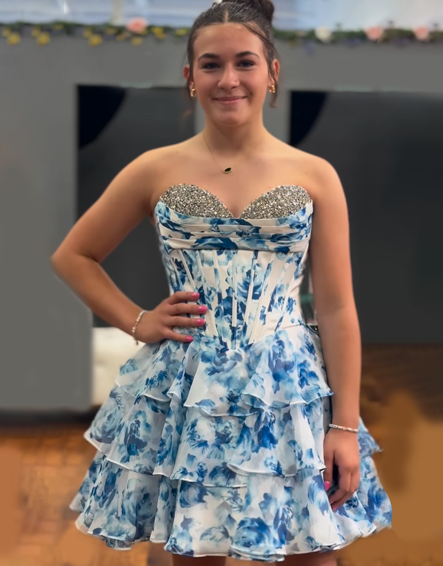 Sparkly Blue Floral A Line Beaded Short Corset Homecoming Dress