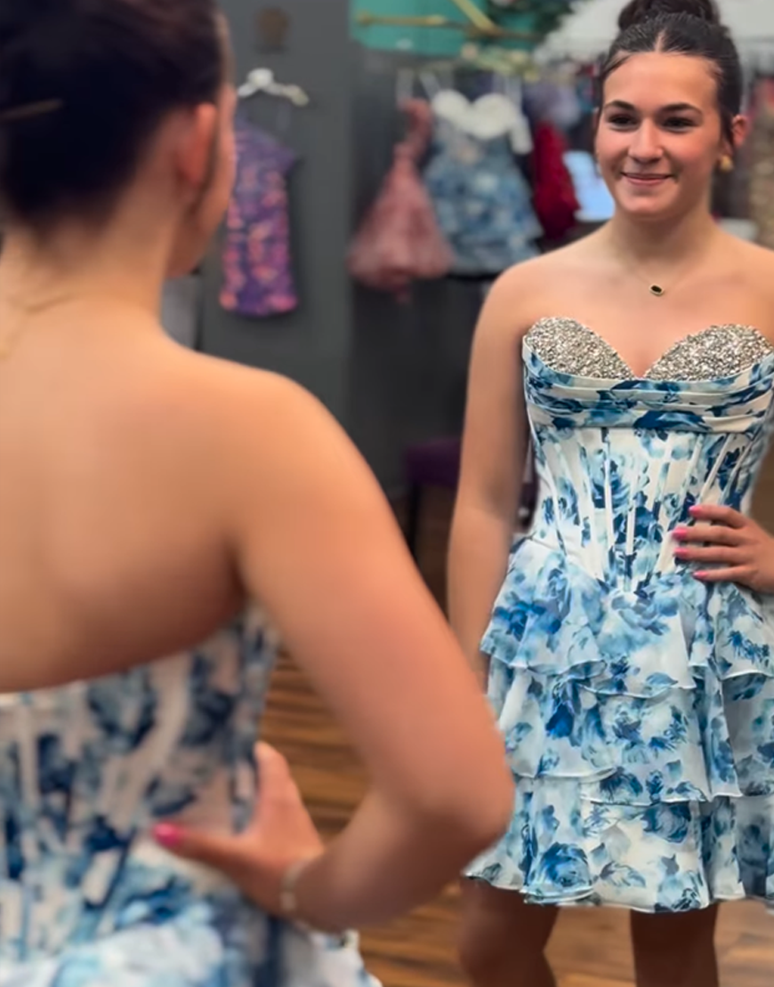Sparkly Blue Floral A Line Beaded Short Corset Homecoming Dress