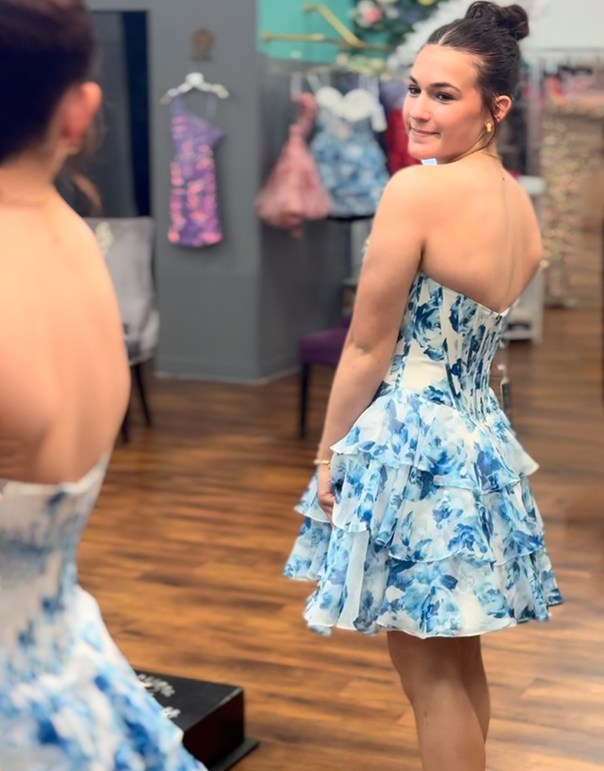 Sparkly Blue Floral A Line Beaded Short Corset Homecoming Dress