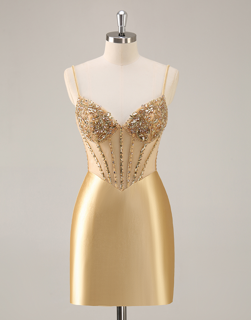 Sparkly Golden Corset Tight Short Satin Homecoming Dress with Rhinestones
