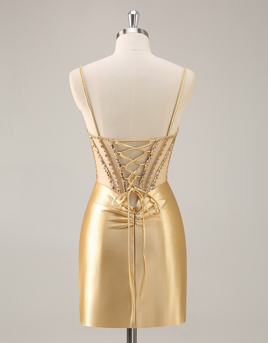 Sparkly Golden Corset Tight Short Satin Homecoming Dress with Rhinestones