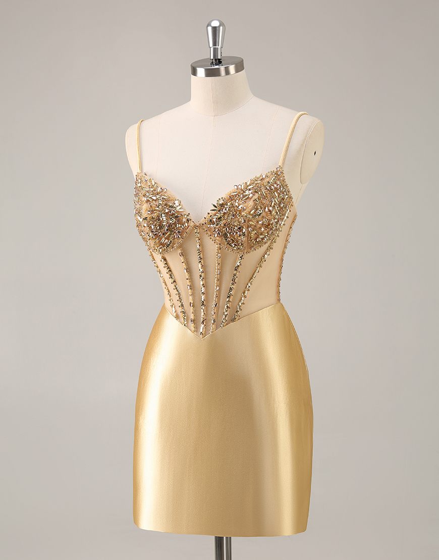 Sparkly Golden Corset Tight Short Satin Homecoming Dress with Rhinestones