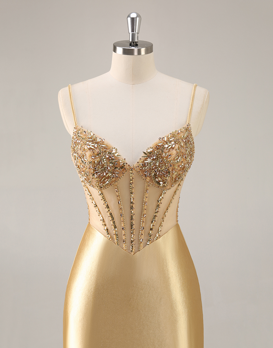Sparkly Golden Corset Tight Short Satin Homecoming Dress with Rhinestones