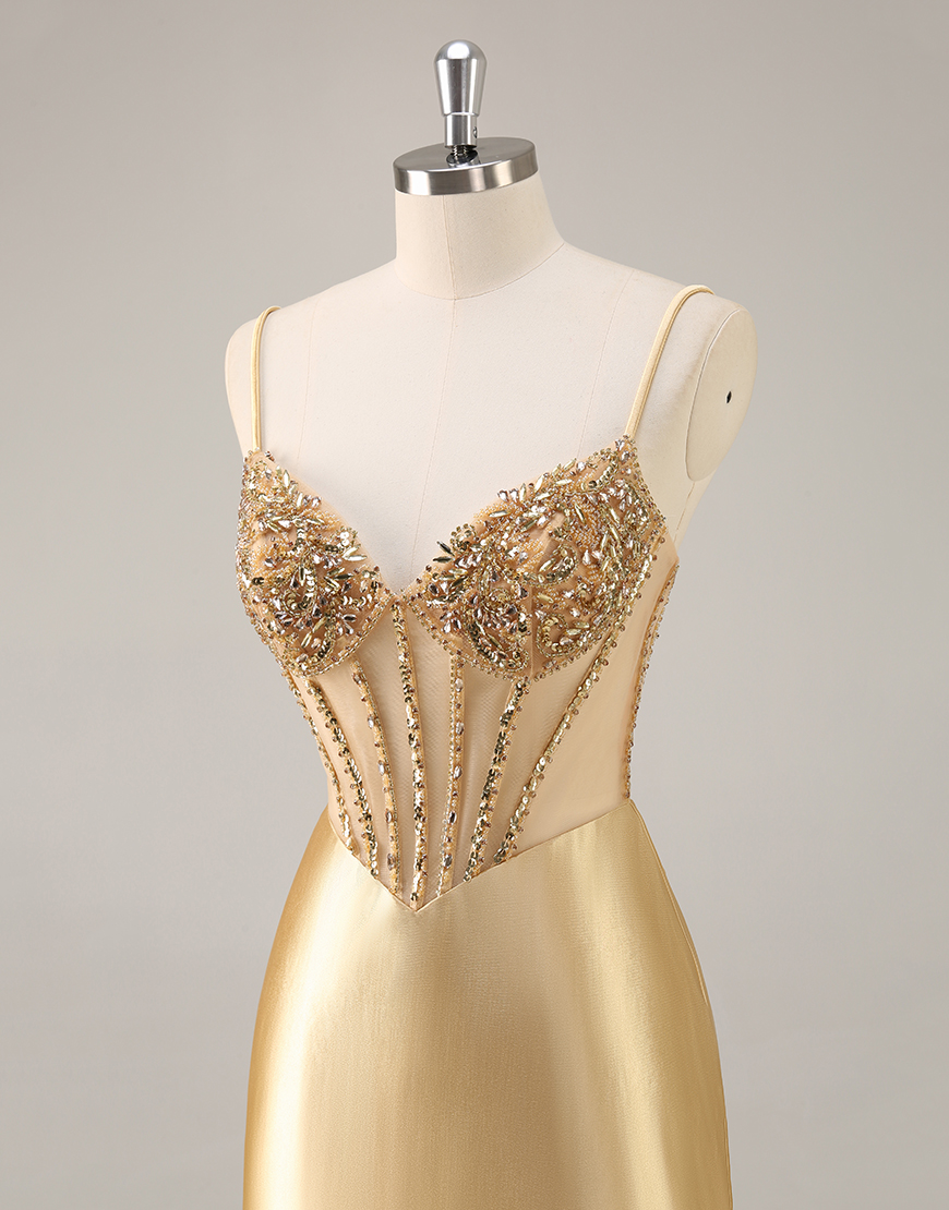 Sparkly Golden Corset Tight Short Satin Homecoming Dress with Rhinestones