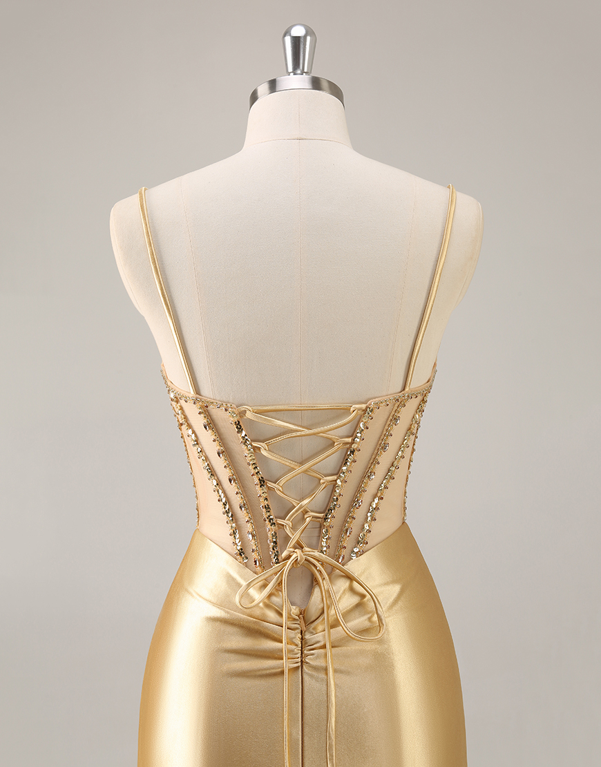 Sparkly Golden Corset Tight Short Satin Homecoming Dress with Rhinestones