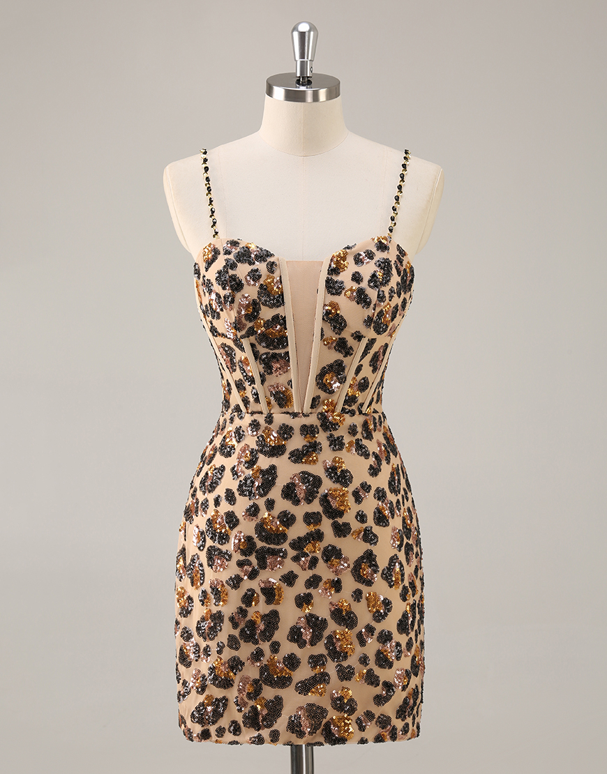 Sparkly Khaki Leopard Corset Tight Sequin Short Homecoming Dress
