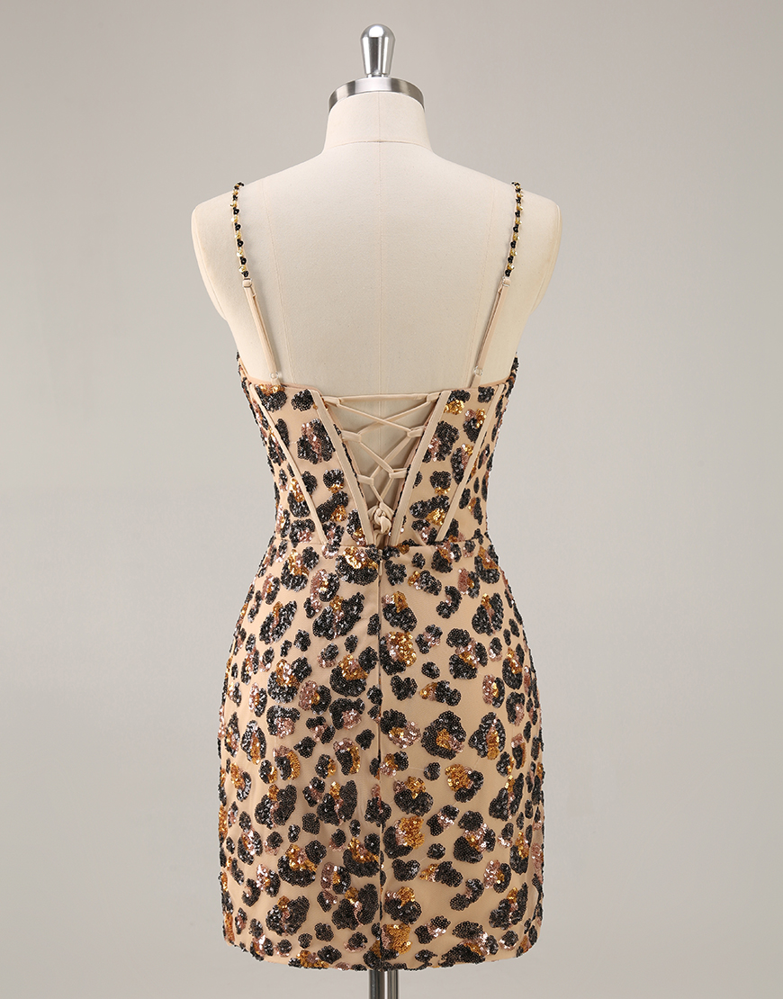 Sparkly Khaki Leopard Corset Tight Sequin Short Homecoming Dress