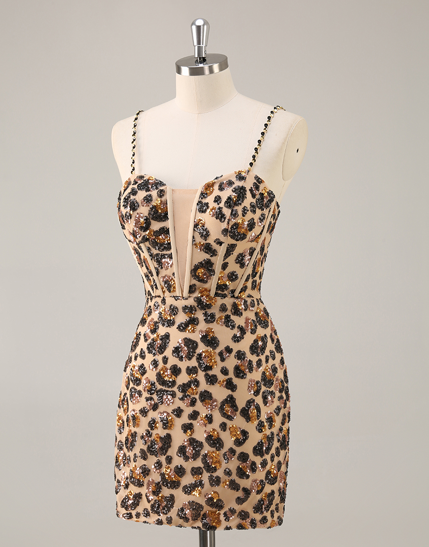 Sparkly Khaki Leopard Corset Tight Sequin Short Homecoming Dress