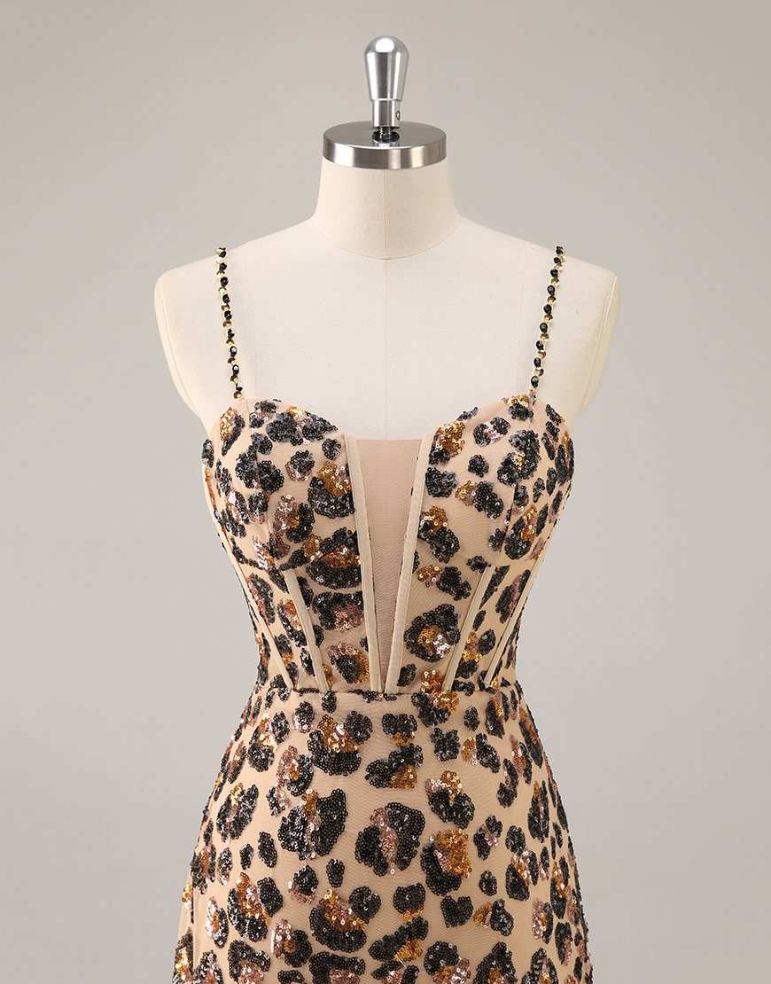 Sparkly Khaki Leopard Corset Tight Sequin Short Homecoming Dress