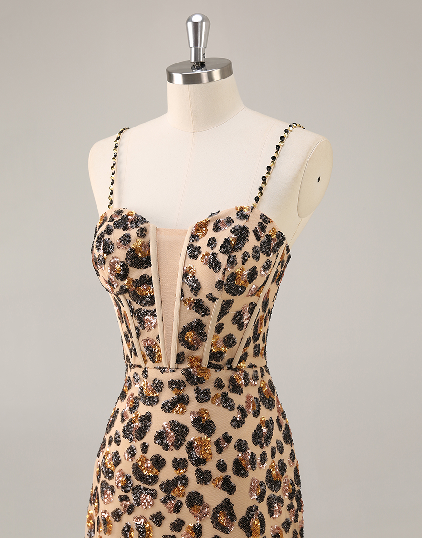 Sparkly Khaki Leopard Corset Tight Sequin Short Homecoming Dress