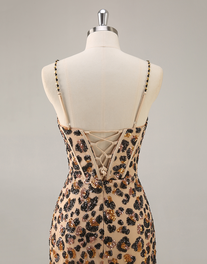 Sparkly Khaki Leopard Corset Tight Sequin Short Homecoming Dress