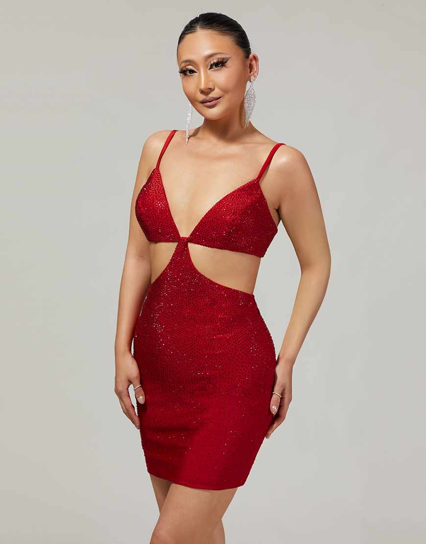 Red Spaghetti Straps Cut Out Short Homecoming Dress with Beading