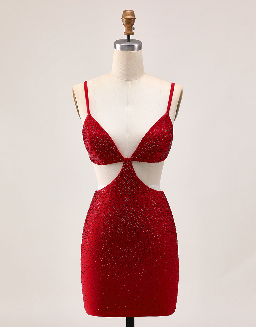 Red Spaghetti Straps Cut Out Short Homecoming Dress with Beading