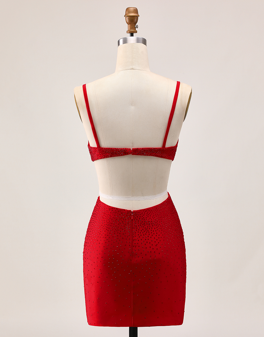 Red Spaghetti Straps Cut Out Short Homecoming Dress with Beading