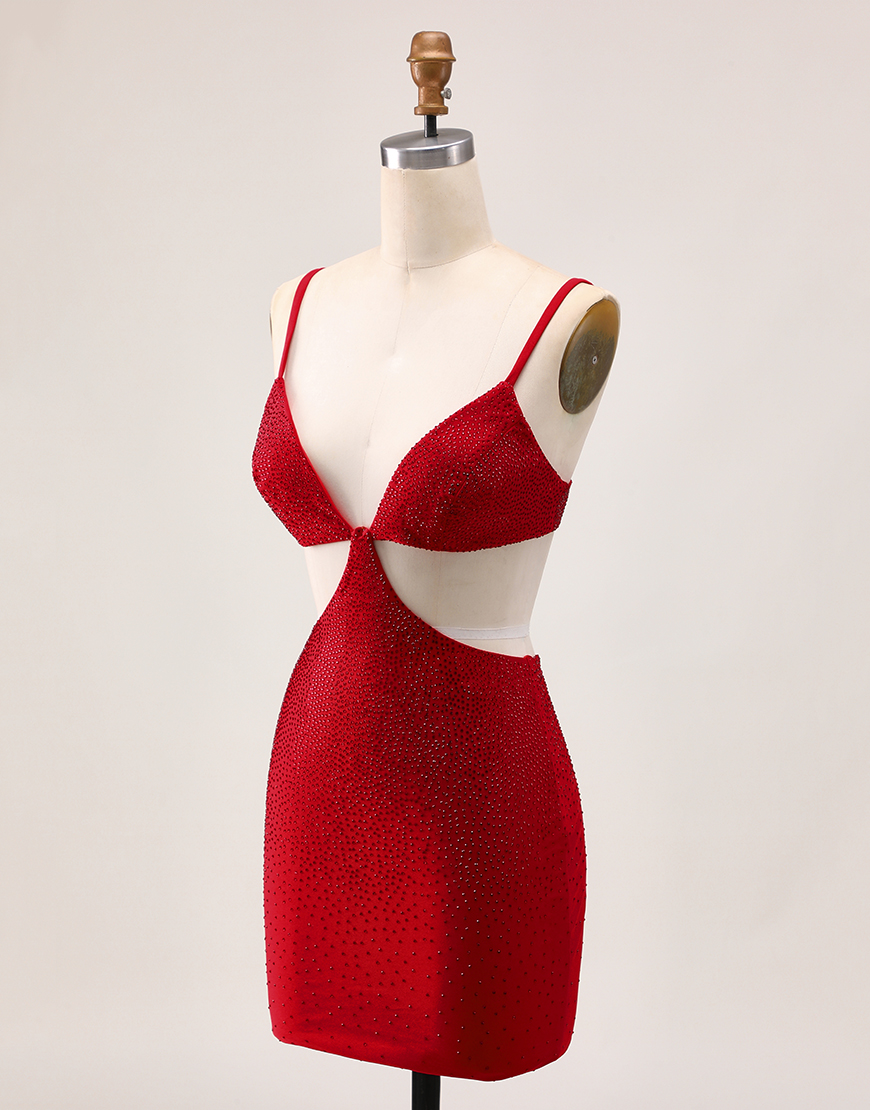 Red Spaghetti Straps Cut Out Short Homecoming Dress with Beading