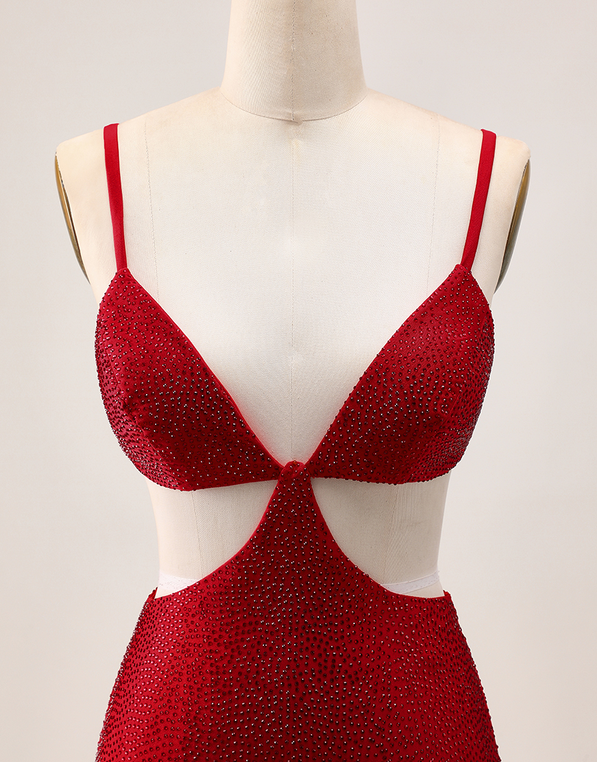 Red Spaghetti Straps Cut Out Short Homecoming Dress with Beading