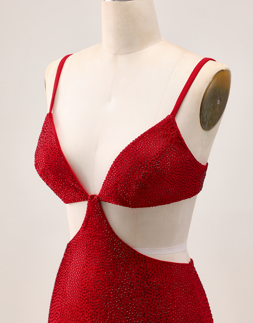Red Spaghetti Straps Cut Out Short Homecoming Dress with Beading