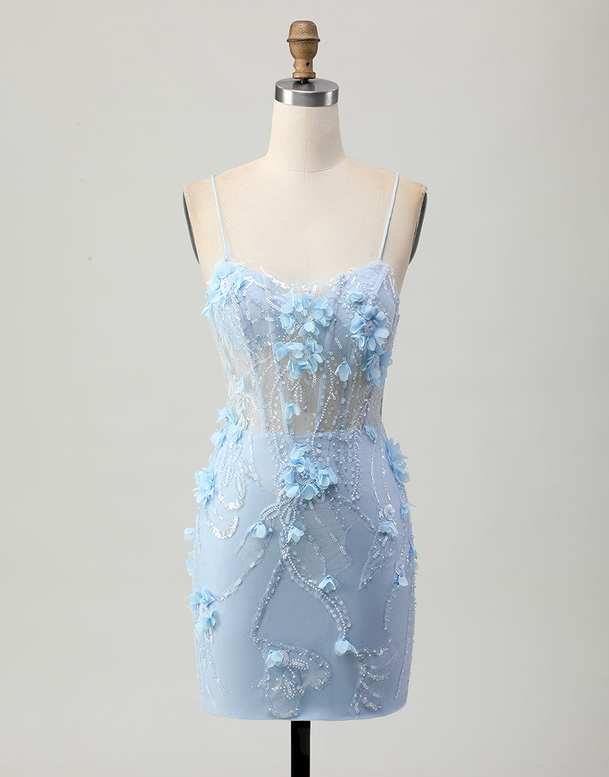 Sparkly Blue Floral Tight Short Corset Homecoming Dress with Sequins