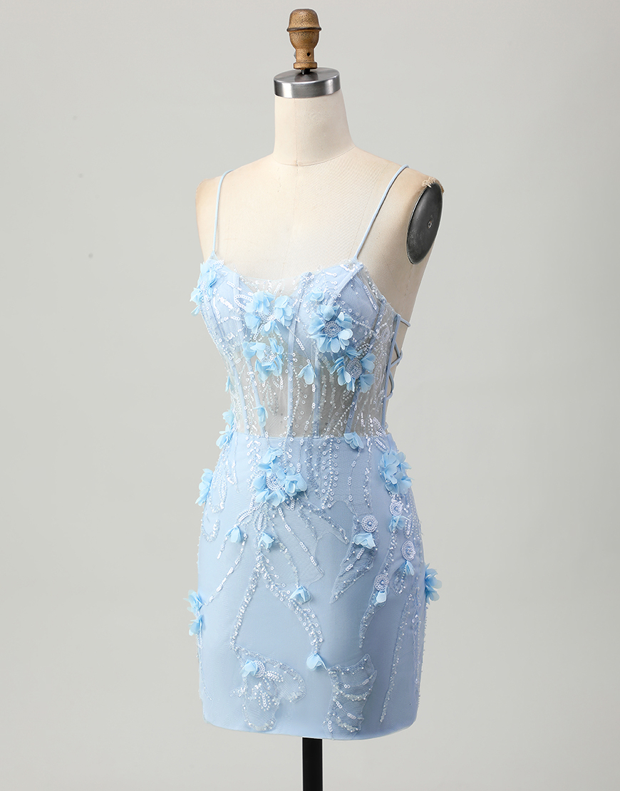 Sparkly Blue Floral Tight Short Corset Homecoming Dress with Sequins