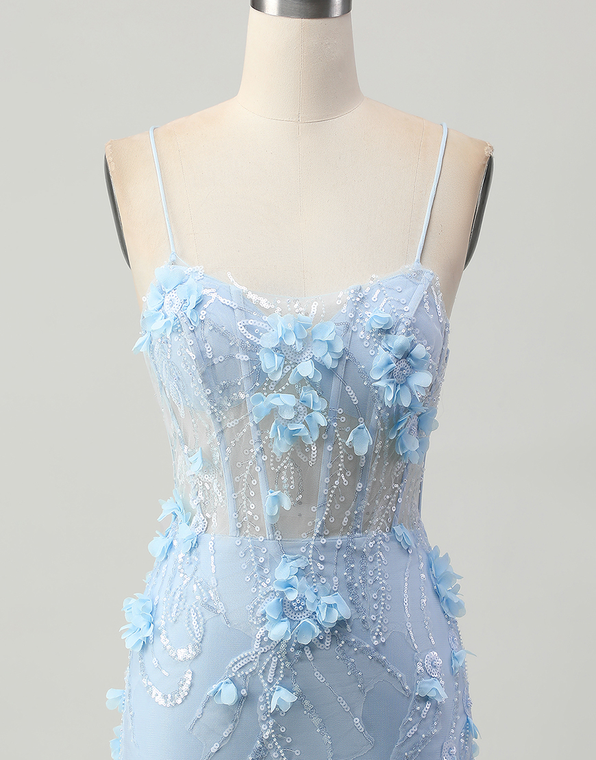 Sparkly Blue Floral Tight Short Corset Homecoming Dress with Sequins