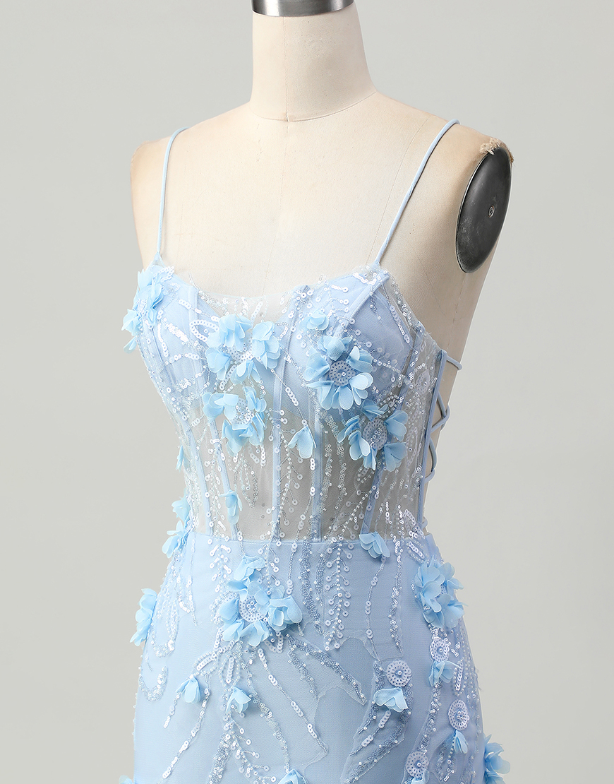 Sparkly Blue Floral Tight Short Corset Homecoming Dress with Sequins
