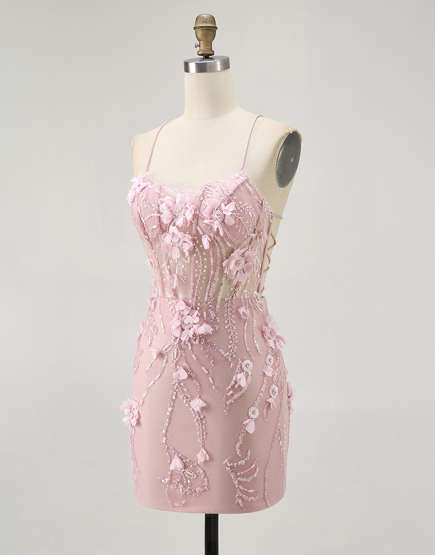 Sparkly Blue Floral Tight Short Corset Homecoming Dress with Sequins