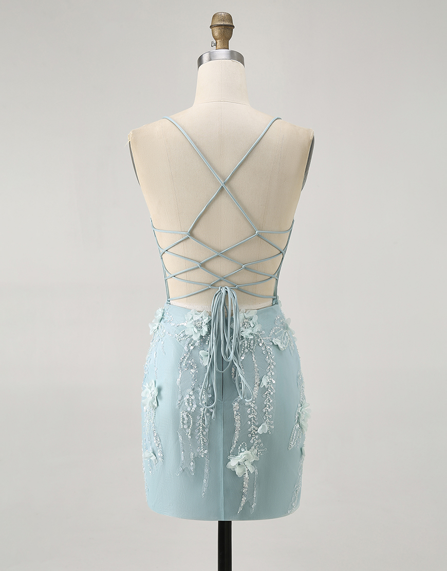 Sparkly Blue Floral Tight Short Corset Homecoming Dress with Sequins