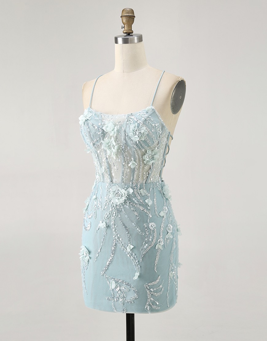 Sparkly Blue Floral Tight Short Corset Homecoming Dress with Sequins