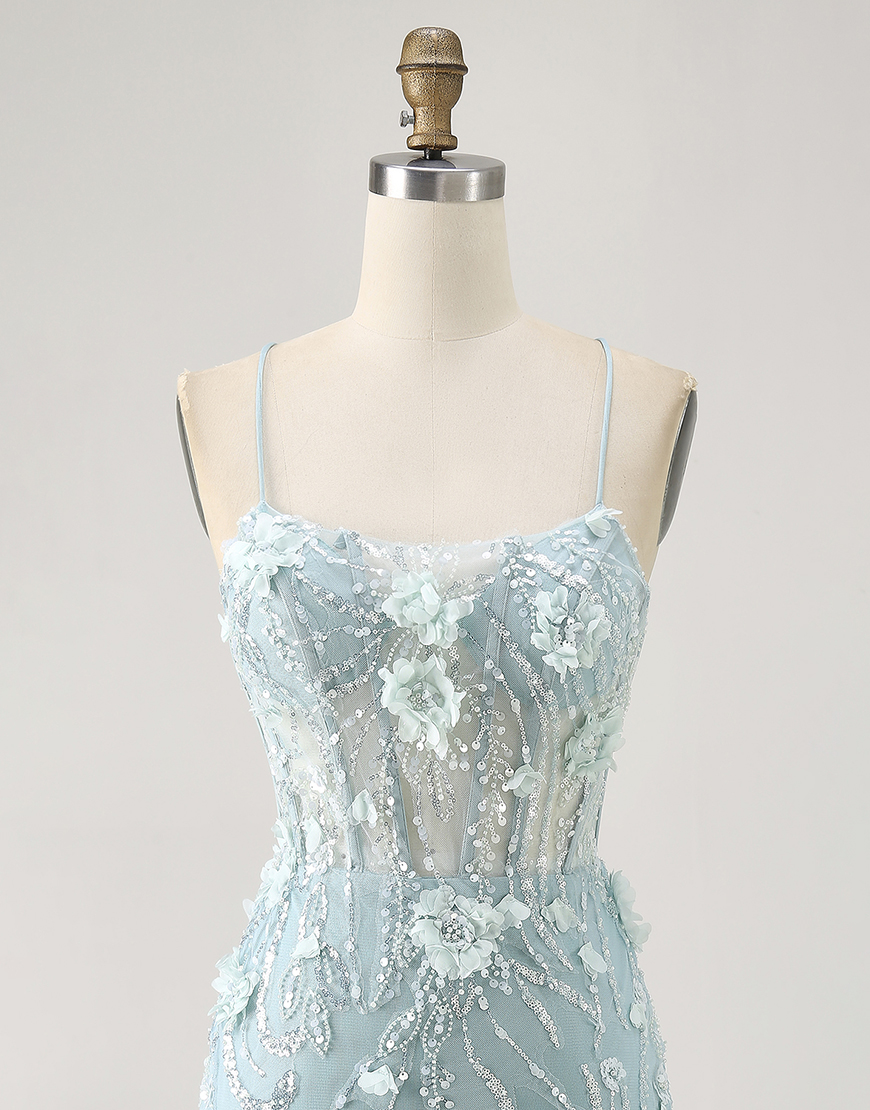 Sparkly Blue Floral Tight Short Corset Homecoming Dress with Sequins