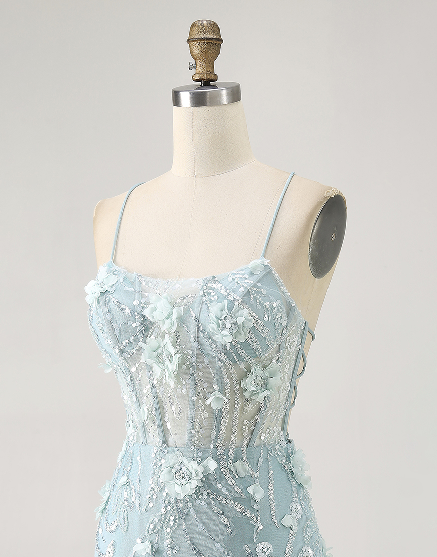 Sparkly Blue Floral Tight Short Corset Homecoming Dress with Sequins