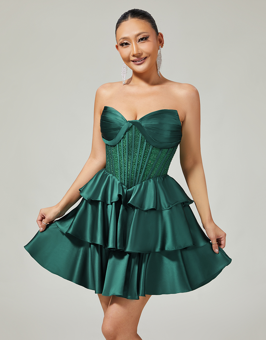 Sparkly Dark Green A Line Short Corset Homecoming Dress with Beading