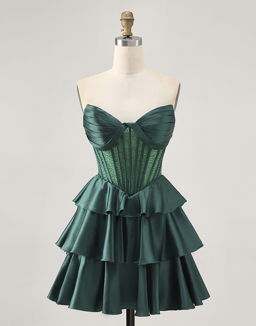 Sparkly Dark Green A Line Short Corset Homecoming Dress with Beading