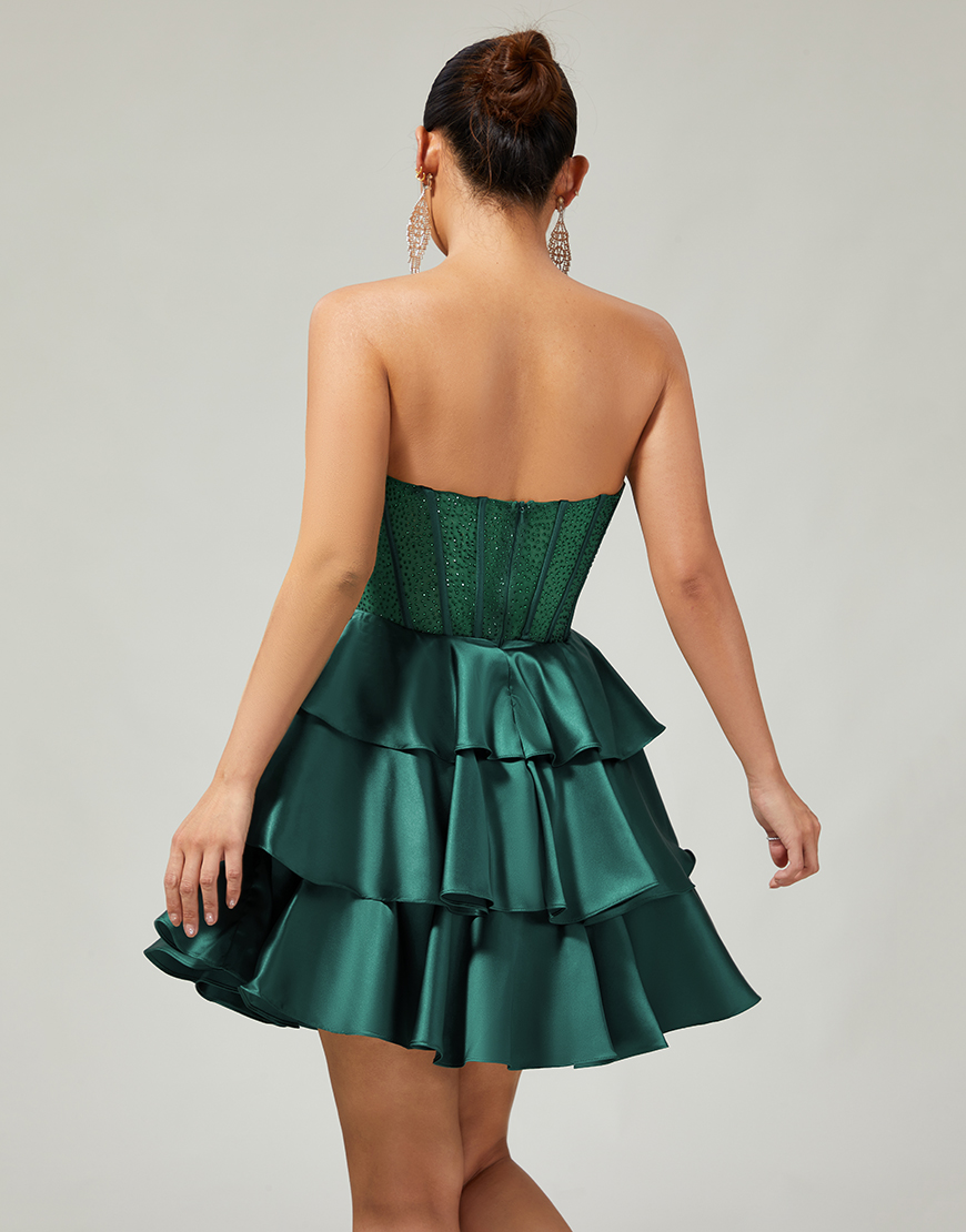 Sparkly Dark Green A Line Short Corset Homecoming Dress with Beading
