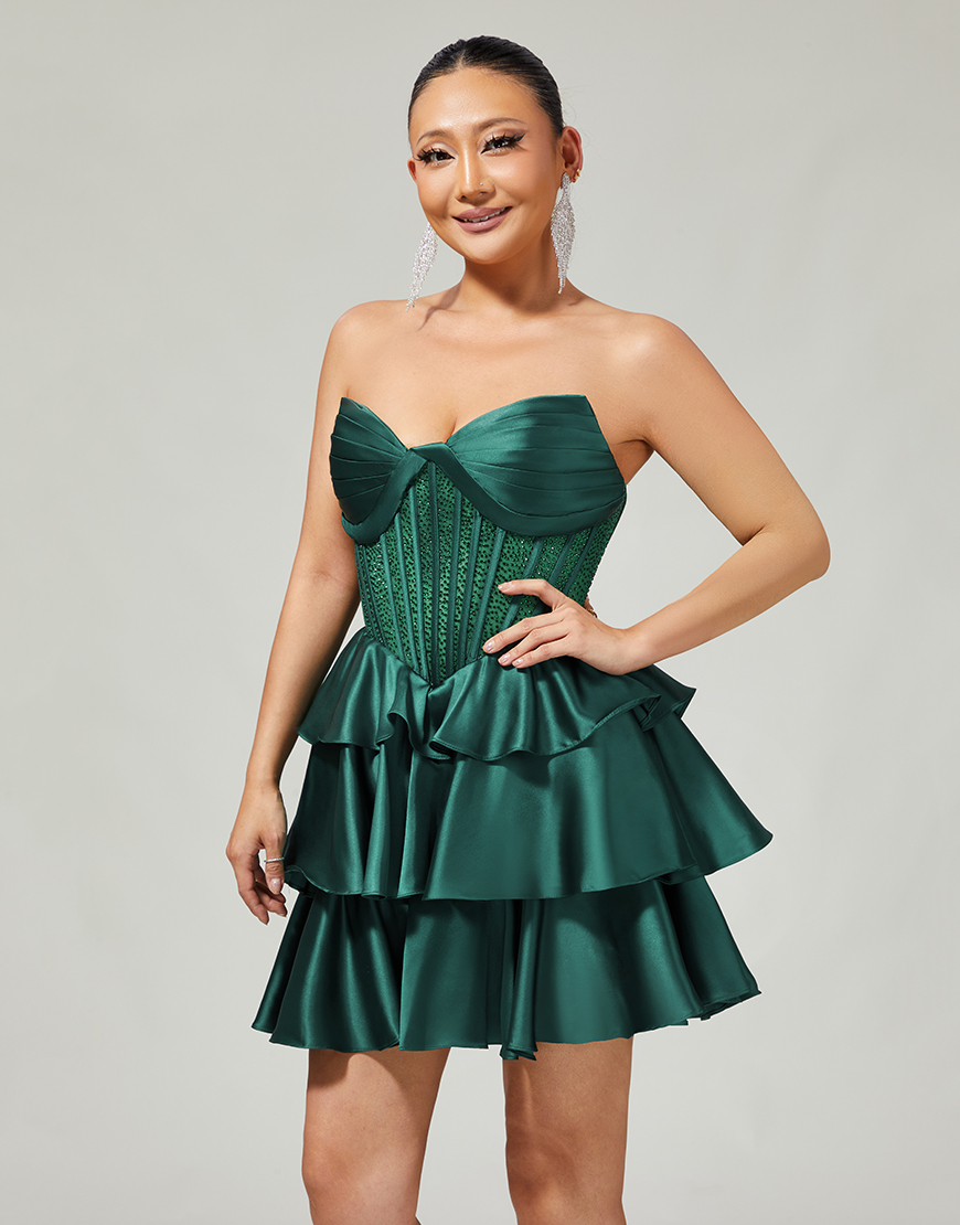 Sparkly Dark Green A Line Short Corset Homecoming Dress with Beading