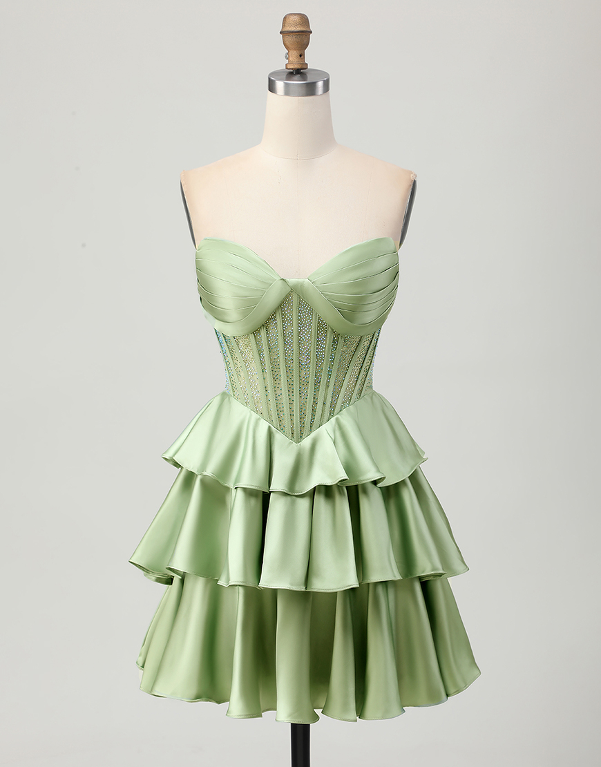 Sparkly Green Ruffled Strapless Short Corset Homecoming Dress with Beading